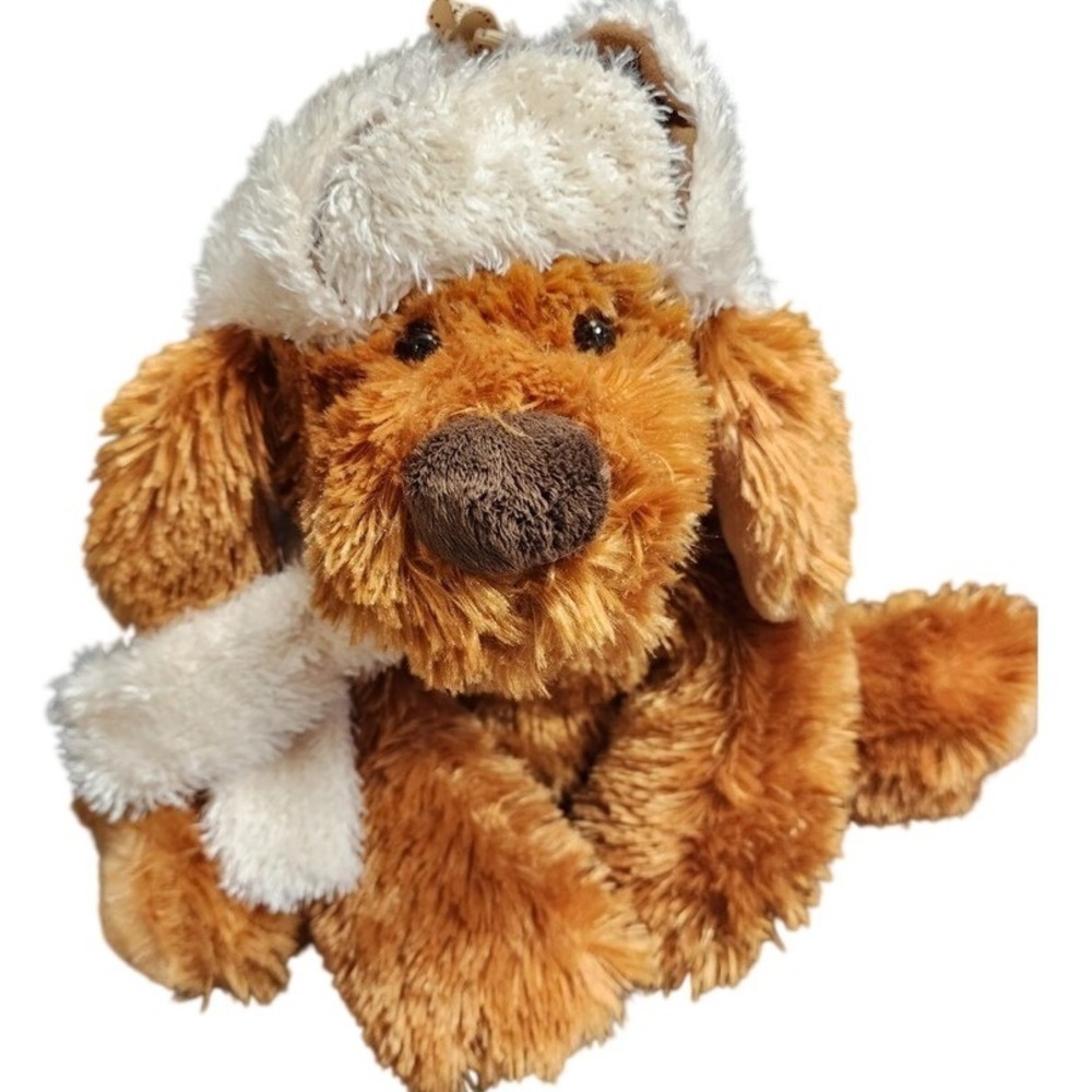 Hugfun International Plush Dog Brown Shaggy Puppy Winter Trapper Hat Scarf 11in